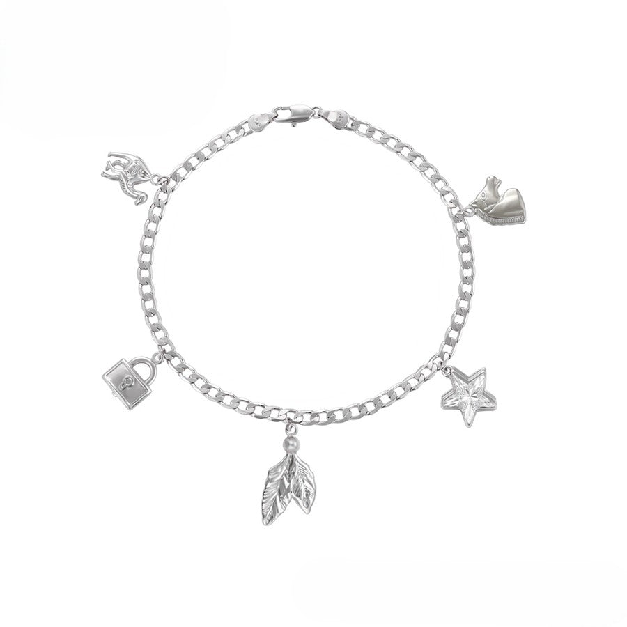 Sterling Silver with Lock, Key, Star, Arrow, and Leaf Charms Anklet image 0