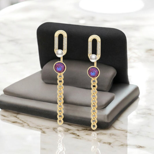 14K Gold Plated Paperclip Chain Dangle Earrings with Purple Crystal image 0