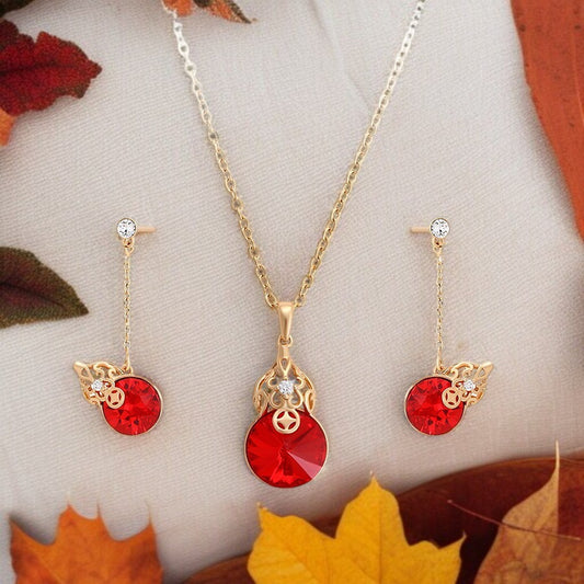 18K Gold Plated Red Crystal Gourd Pendant Necklace & Drop Earrings Set image 0