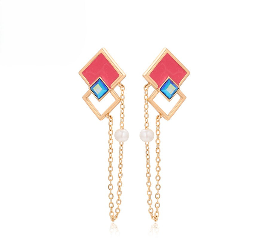 18K Gold Plated Geometric Dangle Earrings with Pink Enamel, Blue Crystal & Pearl image 0
