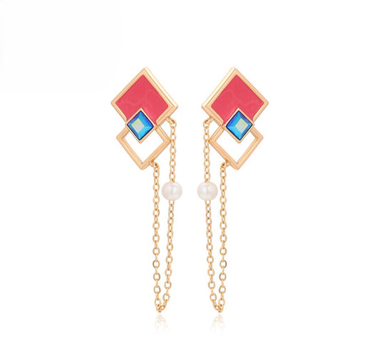 18K Gold Plated Geometric Dangle Earrings with Pink Enamel, Blue Crystal & Pearl image 0
