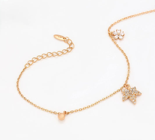 Delicate Gold Chain Bracelet with Leaf and Floral Charms and Sparkling Crystals image 0