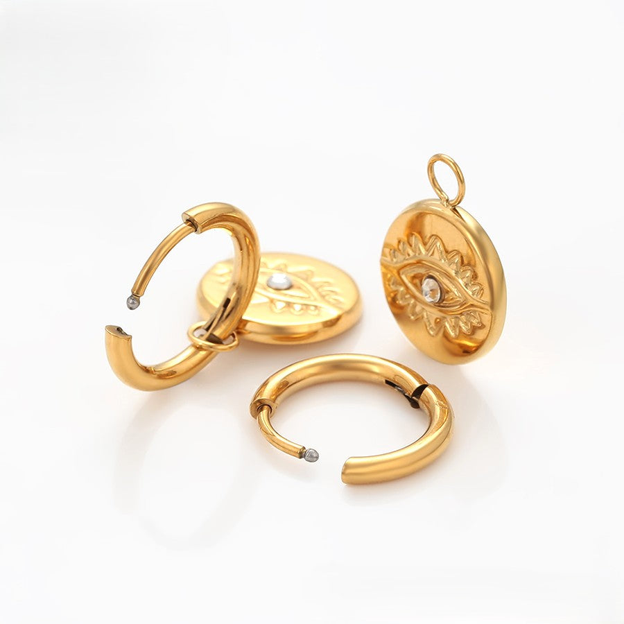 Dainty Gold Plated Hoop Earrings with Engraved Evil Eye and Crystal image 2