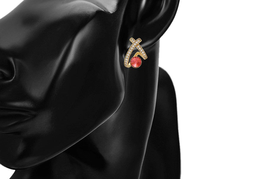 14K Gold Plated X-Shape Stud Earrings in Gold Finish with Coral Red Stones image 3